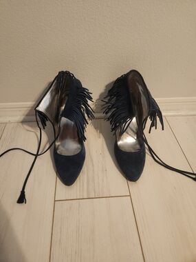 Calvin Klein Navy Fringe Lace-Up Pointed Heels